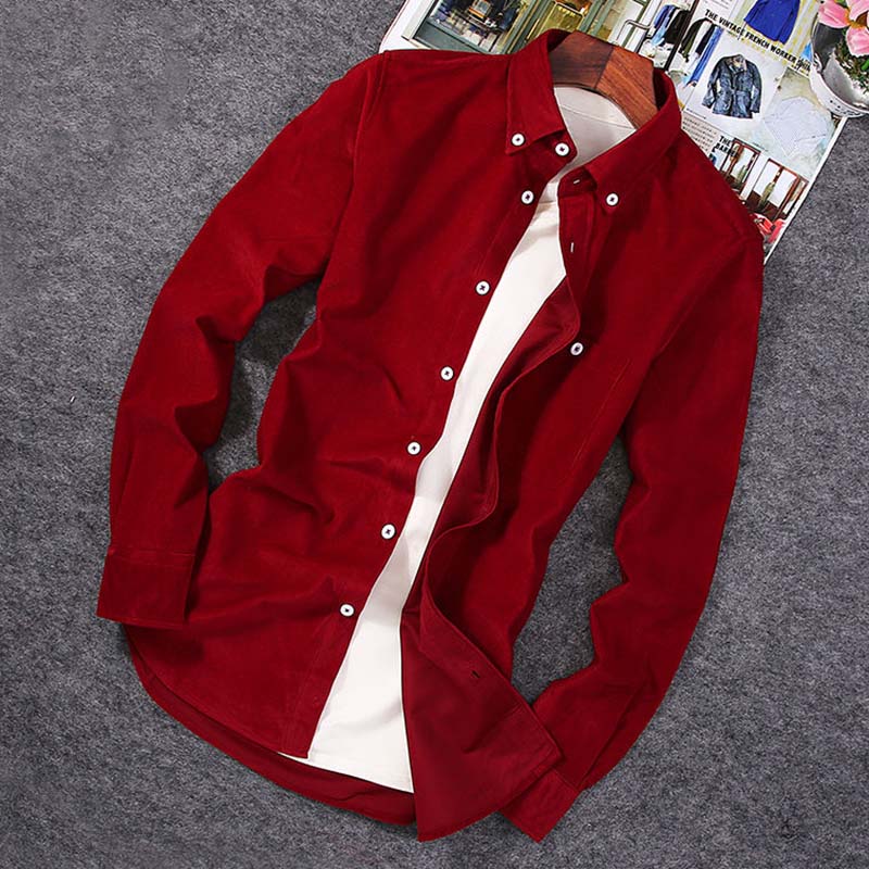 Men's Corduroy Slim Long Sleeve Shirts Solid Color Casual Tops Business Lapel Spring and Autumn Outer Tops