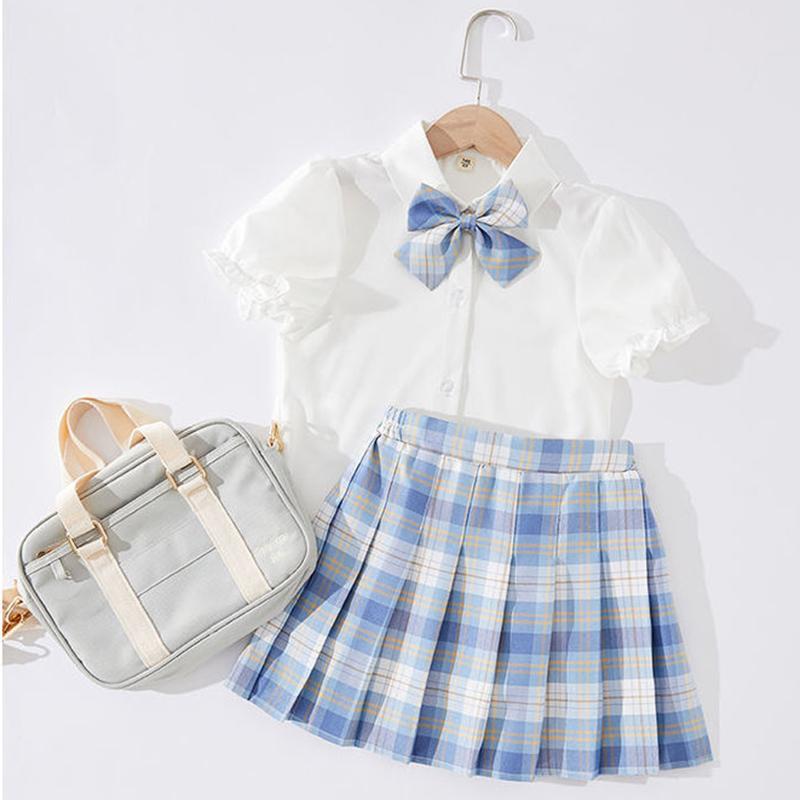 Girls Pleated Skirt Suit Big Children Elementary School Students Summer Puff Sleeve Jk Uniform Skirt Children's College Style Skirt Summer Dress