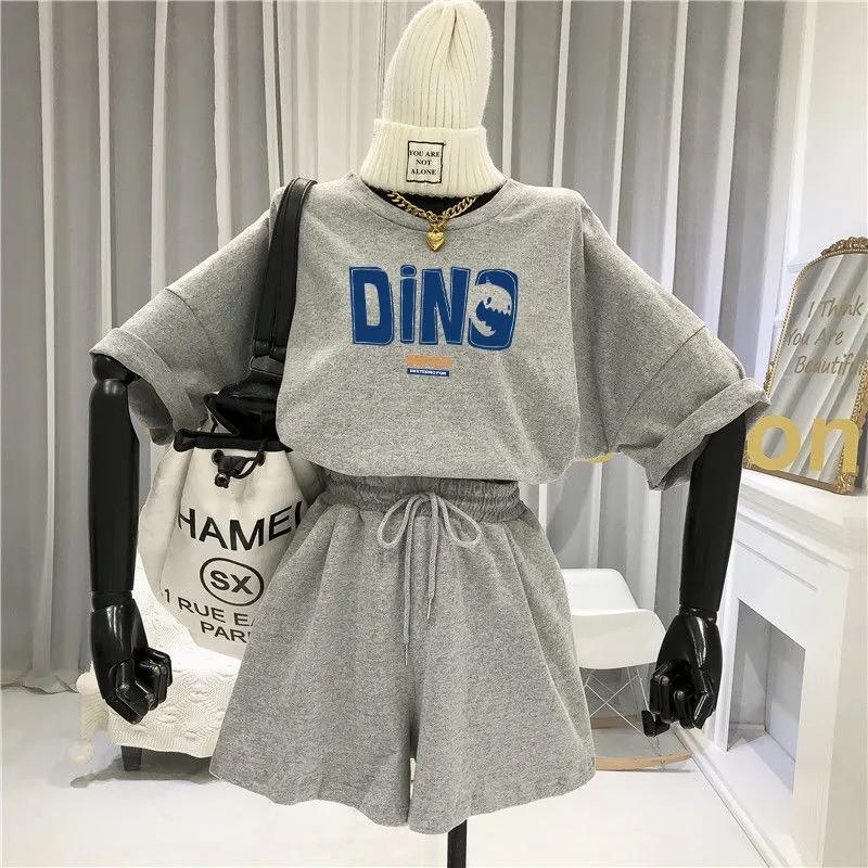 2PCS Women's Summer Cotton Suit Large Size Short Sleeve Shorts Casual Sportswear Two Piece Set Gym Fitness Running Jogging Suit Workout Clothes Set