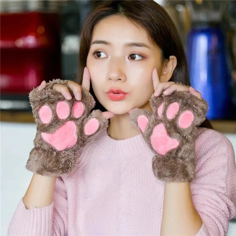 Women's Winter Cartoon Cute Cat's Claw Gloves Korean Style Plush Mittens Plus Velvet Thickening Warm Half-finger Gloves Writing Office Gloves