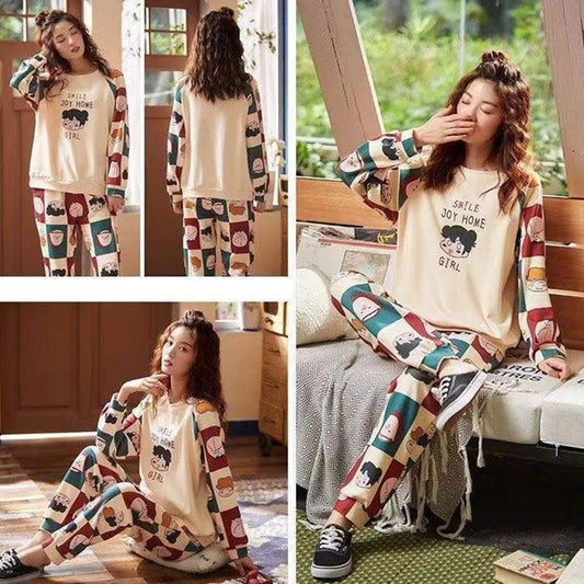 Women's Pure Cotton Long-sleeved Pajamas Set Simple Cartoon Printing Round Neck Loose Thin Casual Homewear Set Soft Comfortable Pjs Sleeping Suit