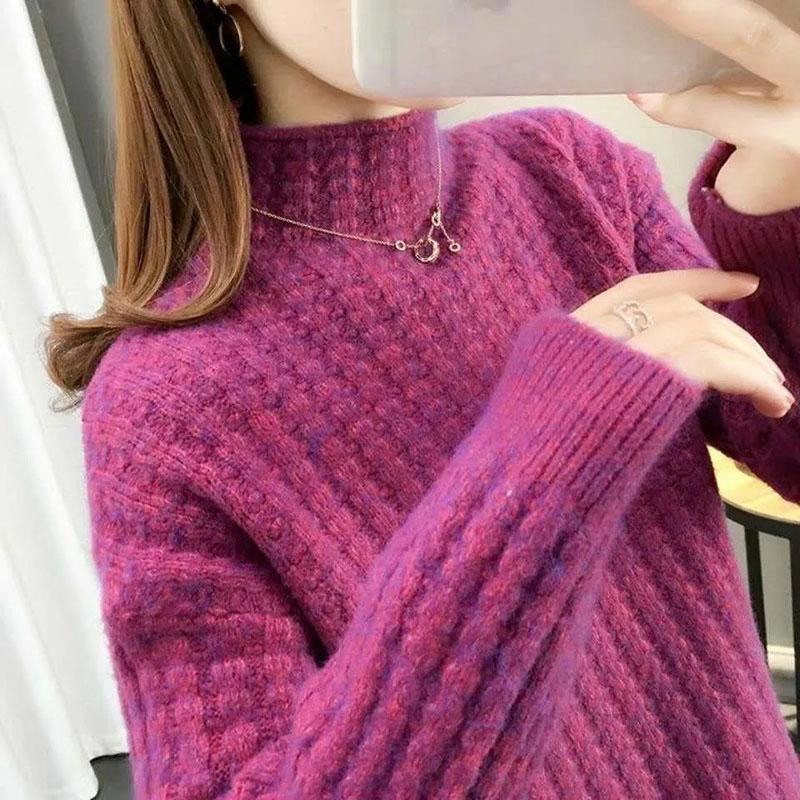 Sweater Women's Half Turtleneck Pullover Knitwear Korean Style Loose Fluffy Trending Sweater Autumn and Winter Purple Sweaters