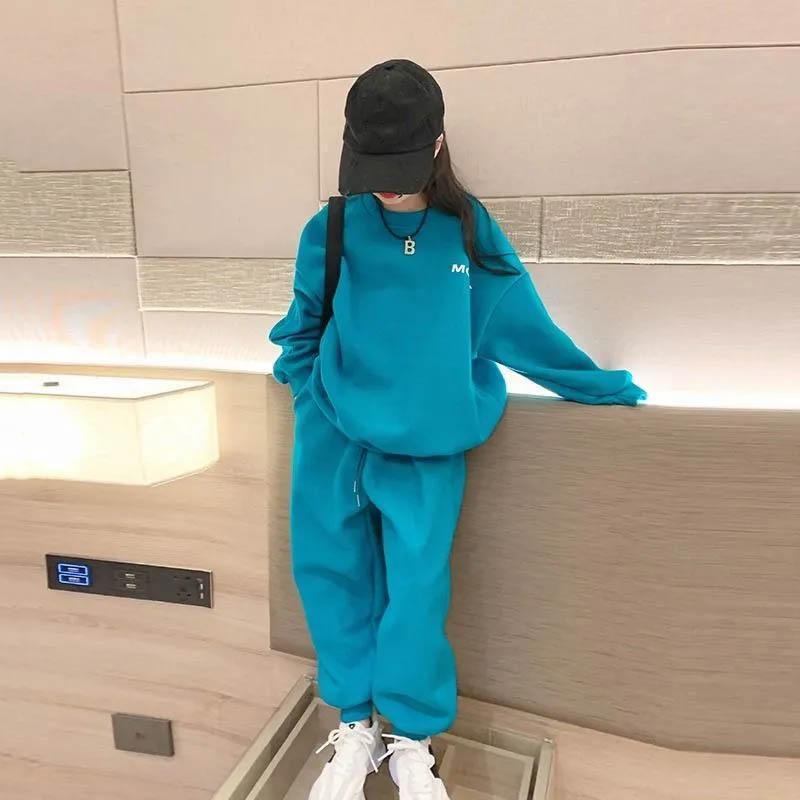 Girls Spring and Autumn Casual Sweater Suit Korean Fashion Solid Color Pullover Loose All-match Sports Suit Two-piece Set