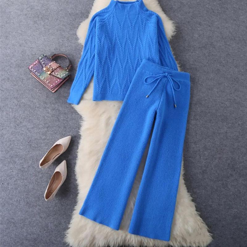 Autumn and Winter Light Mature Style Women's Knitted Pullover Sweater + High-waist Loose Wide-leg Pants Two-piece Suit