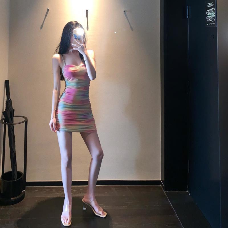 Women Summer Sexy Sleeveless Slip Bodycon Dress Female Rainbow Color Gradient Wrap Party Beach Club Mini Dresses Outfits