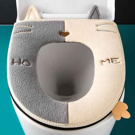 Cartoon Cat Cute Toilet Seat Covers Winter Toilet Seat Mat Soft Thick Warm Toilet Seat Cushion Washable Bathroom Lavatory Pad with Handle