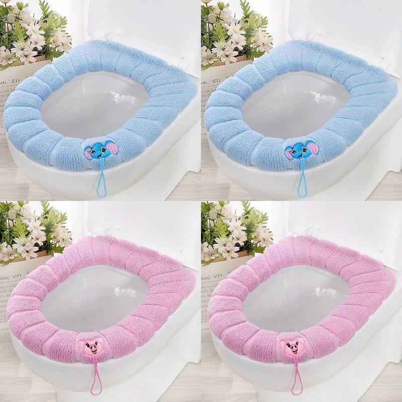 Winter Warm Toilet Seat Cover Closestool Mat 4Pcs Washable Bathroom Accessories Knitting Pure Color Soft O-shape Pad Bidet Cover