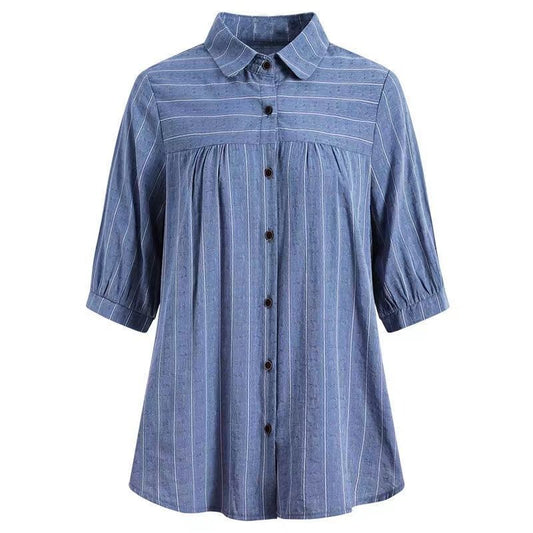 Cotton Striped Five-point Sleeve Shirt Women's Loose Mother Short-sleeved Shirt Middle-aged Women's Top Trendy