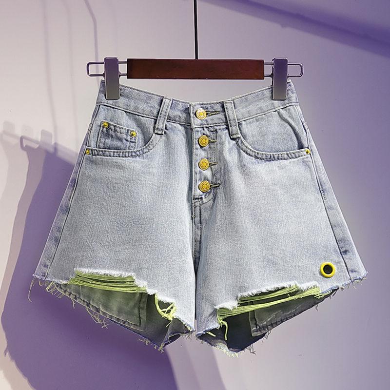 WTEMPO Avocado Green Hole Denim Shorts Female Plus Size High Waist Contrasting Breasted Wide-leg Pants