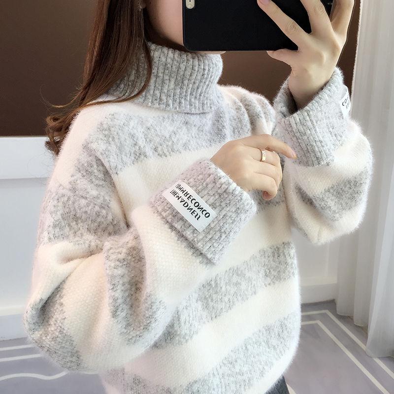 Women's Turtleneck Sweater Fuzzy Sweater for Women Loose Pullover Sweater Thicken Mink Fleece Sweater Outer Wear Mohair Sweaters