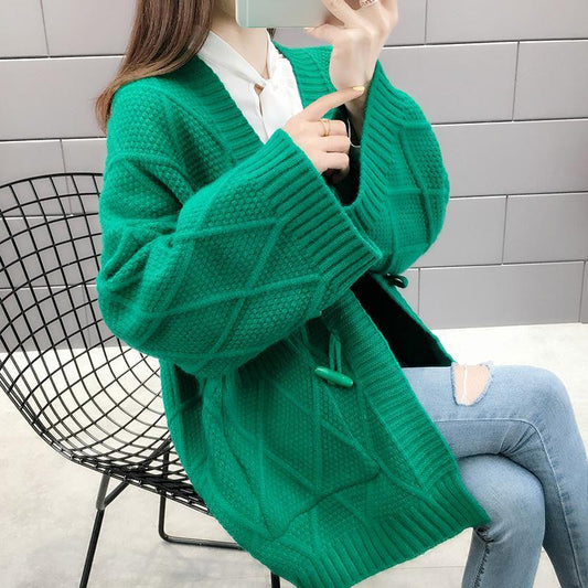 Knit Cardigan Sweater Plus Size Horn Buckle Sweater Autumn and Winter Coat Women Shirt Sweater Loose