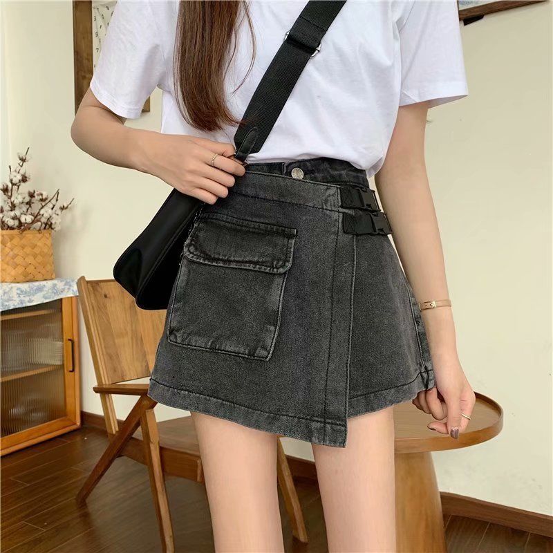 WTEMPO Big Pocket Irregular High Waist Denim Shorts Women Loose Wide Leg A-line Casual Shorts