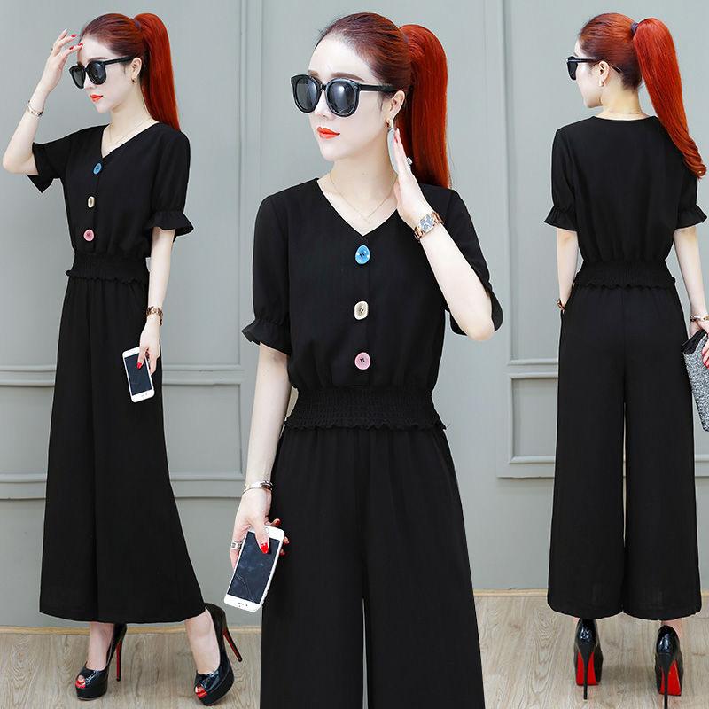 Wide-leg Pants Suit Chiffon Summer Casual Work Wear Loose Suit Women Short Top Loose Wide-leg Pants Fabric Light and Breathable