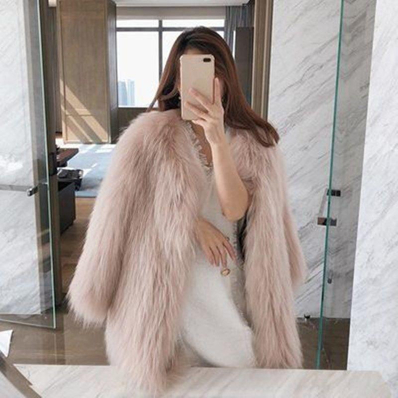 Fashion Imitation Raccoon Fur Woven Fur Coat Female Mid-length Fur Coat