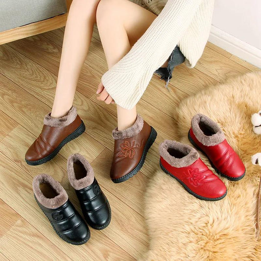 Winter Plus Velvet Leather Embroidered Cotton Shoes Waterproof Non-slip Warm Shoes Flat Bottom Women's Shoes Casual Shoes