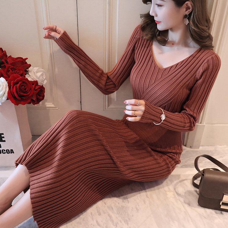 Women's Bottoming Shirt Knit Dress Fashion Slim Pullover V-neck Sweater Knitted Dress Mid-length Bottoming Shirt