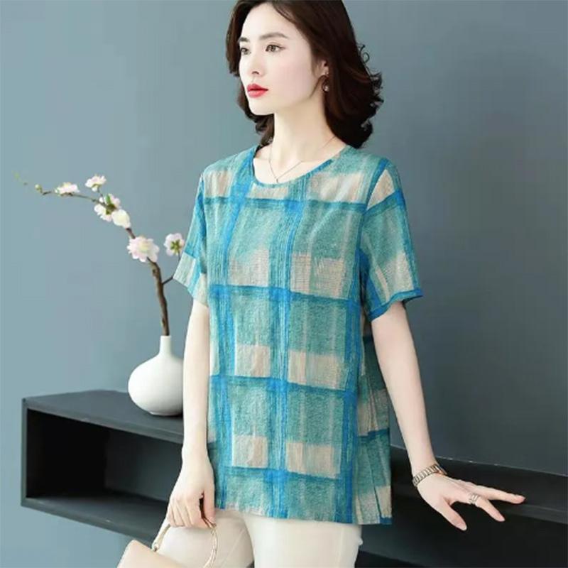 Large Size Women's Fashion Printing Mother Summer Clothes Short-sleeved Western Style Middle-aged and Elderly Tops Plaid T-shirts