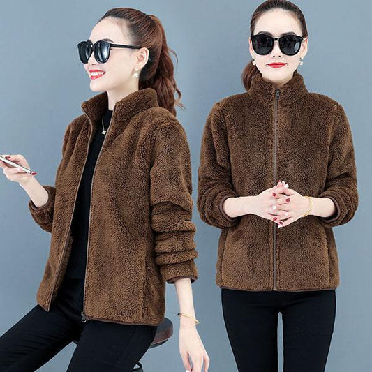 Double Sided Fleece Coat Women's Short Large Size Coral Velvet Autumn and Winter Thickened Warm Fleece Coat Women's Sweater