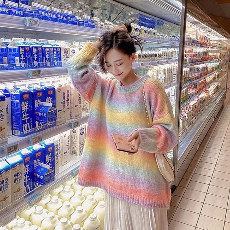 Autumn  Winter  Rainbow Sweater Slimming Women's  Loose Outer Wear Cocoon Casual Long-sleeved Sweater Top