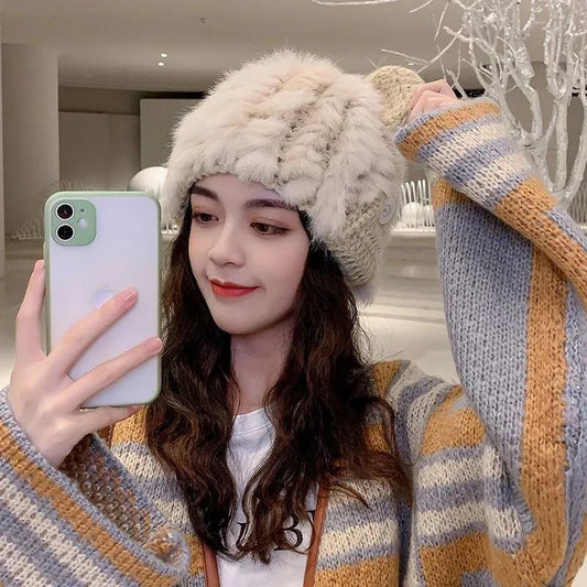 Korean Version of The Rabbit Fur Hat Female Sweet and Cute Cat Ears Wool Hat Japanese Autumn and Winter Knitted Hat