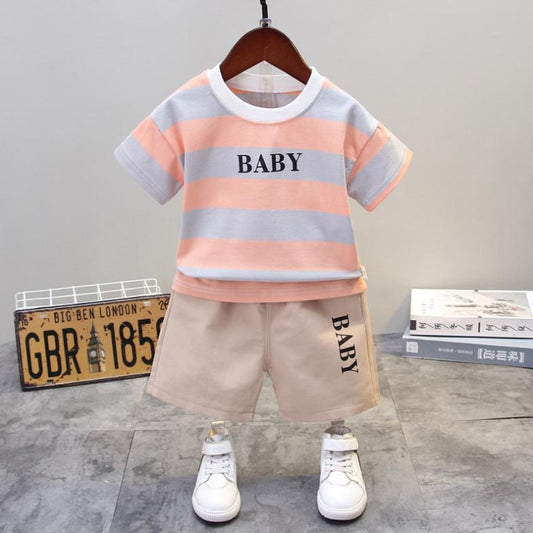 Summer Korean Short Sleeve Children's Suit Boys' and Girls' 0-4-year-old Round Neck Striped T-shirt Shorts Two-piece Children's Suit