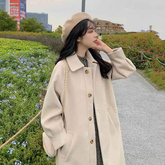 Spring and Autumn Student Mao Ni Mid-length Loose and Thin Thickened Over-the-knee Woolen Coat Jacket Women