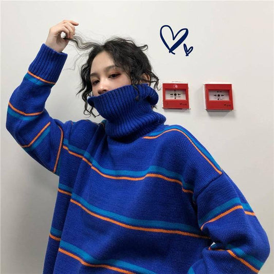 Pofulove Autumn Winter Korean Turtleneck Sweater Women Loose Student Stripes bf Wild ins Sweater