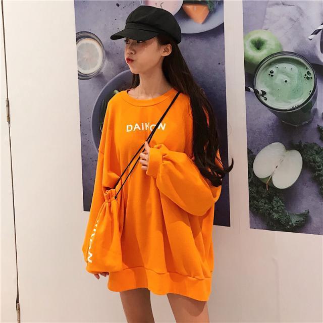 Autumn and Winter Cotton Orange Sweater Long Sleeve Loose Round Neck T-shirt Letter Casual Top