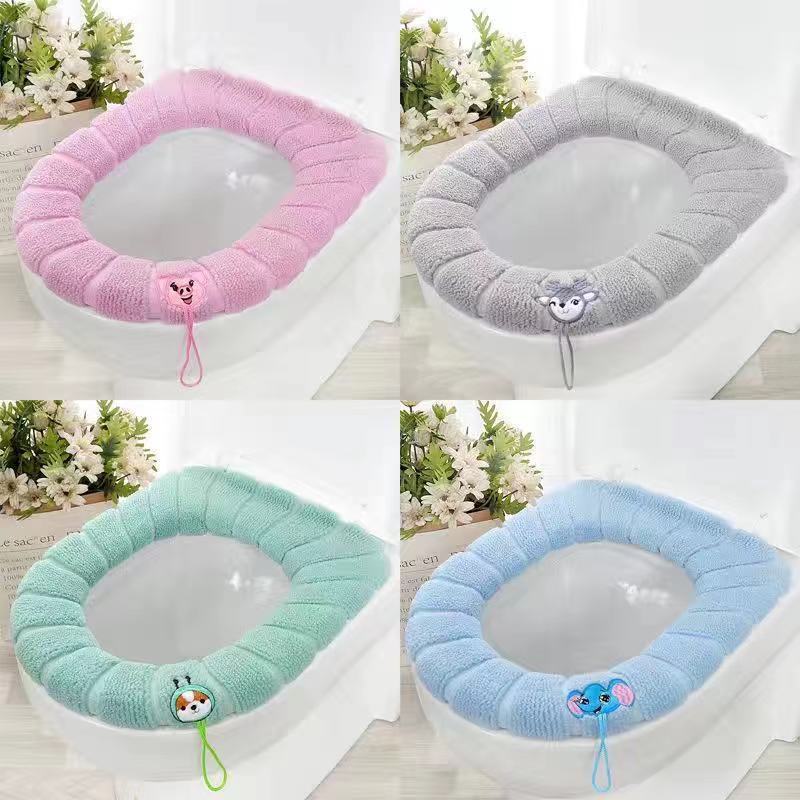 Winter Warm Toilet Seat Cover Closestool Mat 4Pcs Washable Bathroom Accessories Knitting Pure Color Soft O-shape Pad Bidet Cover