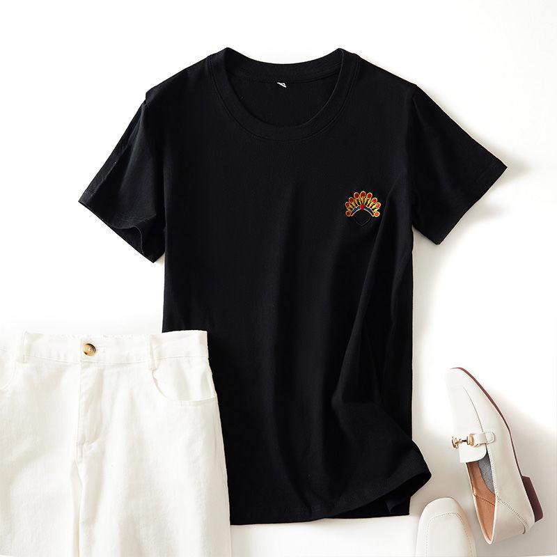 Chinese Style Embroidery Round Neck T-shirt Summer Embroidery Loose Breathable Women's Tops Ladies Basic Tee Shirt