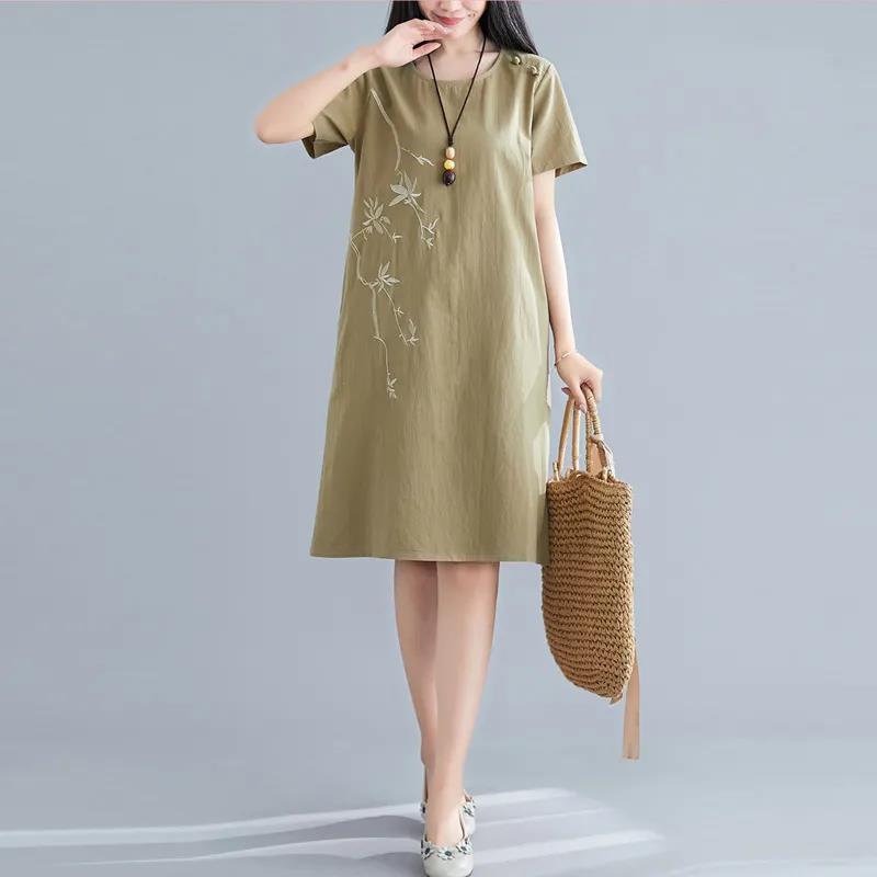 Cotton and Linen Embroidered Dress Women's Summer Ethnic Style Loose and Thin A-line Buckle Mid-length Dress