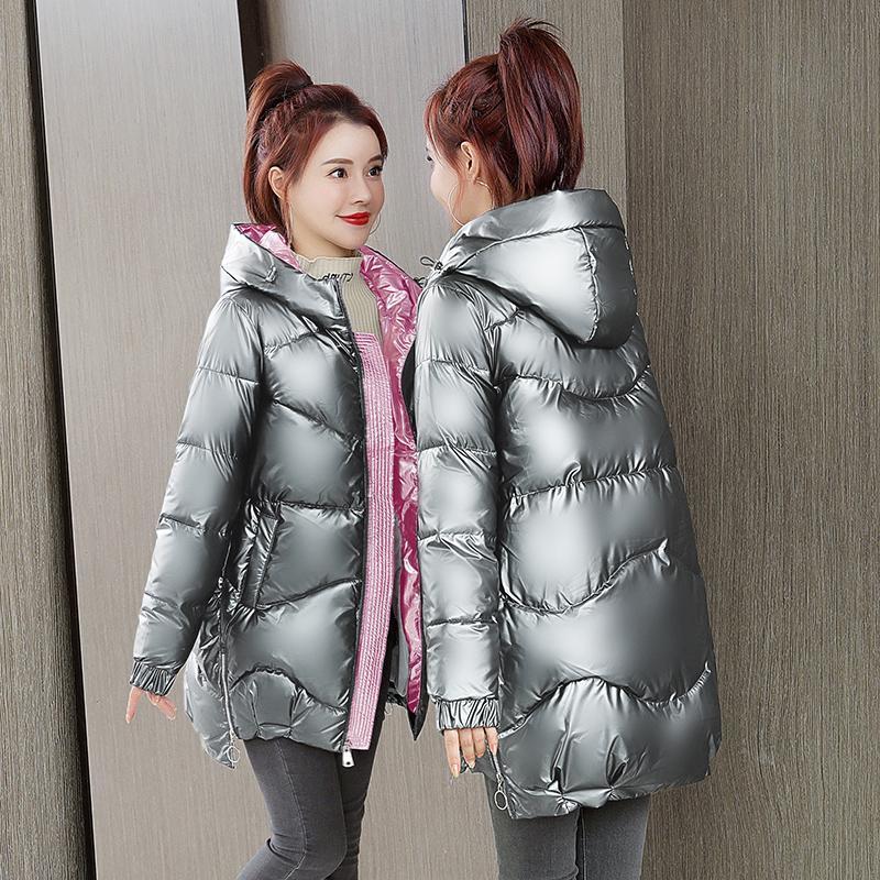 Glossy Disposable Women's Down Padded Jacket Mid-length Hooded Cotton-padded Jacket Fashionable Waist Thinner Jacket