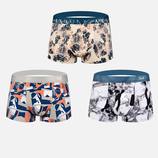 3 Pcs Men's Ice Silk Underwear Antibacterial Seamless Men's Boxer Shorts Youth Personality Trendy Thin Underwear Printed Mid-waist Underpants Panties