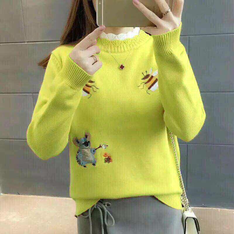 Printed Sweater Spring and Autumn Sweater Female Round Neck Short Sweater Solid Color High Collar