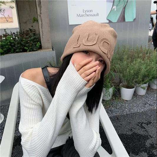 Winter Fashion Knitted Letter Hat Women's Ear Protection Toe Cap with Big Head Circumference Plus Fleece Knitted Hat