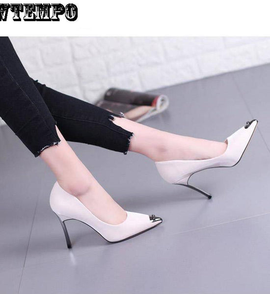 High Heels Ladies PU Material Metal Shiny Pointed Stilettos for Appointments