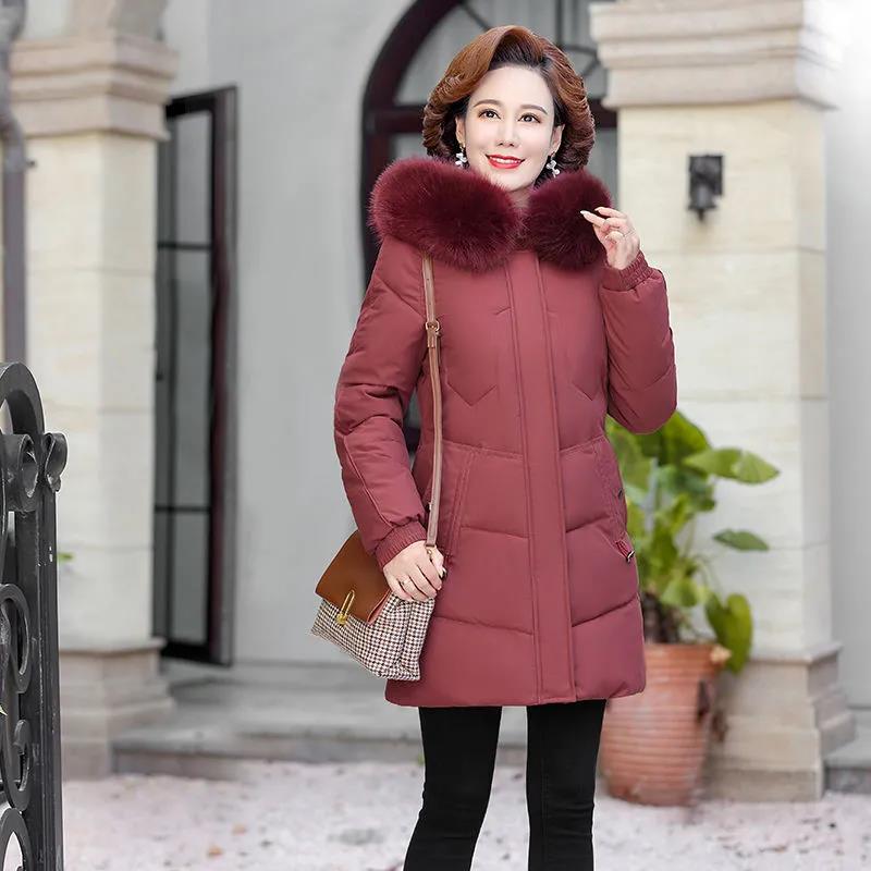 Winter Down Cotton Jacket Fashion Hooded Mid-length Jacket Thick Warm Cotton Jacket Suitable for Middle-aged Women