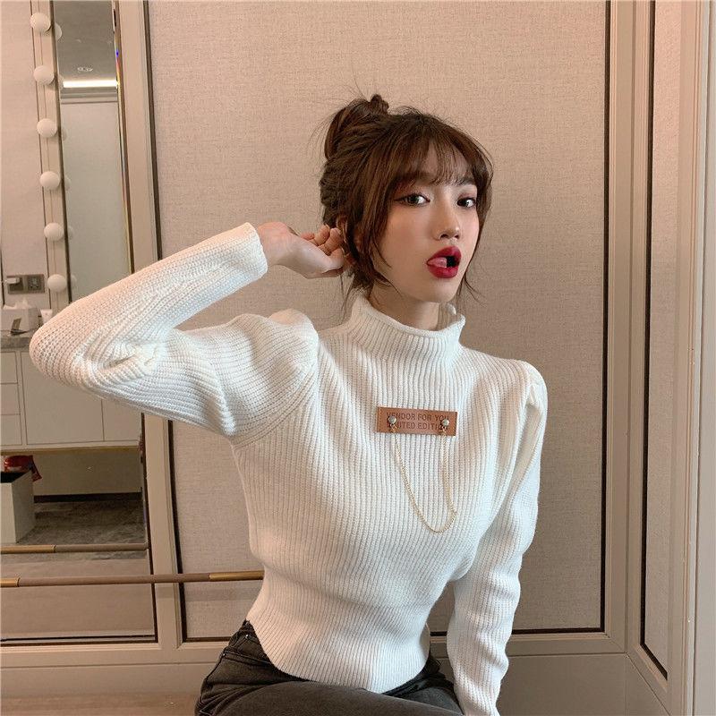 Turtleneck Sweater Women White Long Sleeve Slim Cropped Tops Autumn Winter Fashion Casual High Neck Knitted Jumper Pink Knitwear Basic Top Clothes