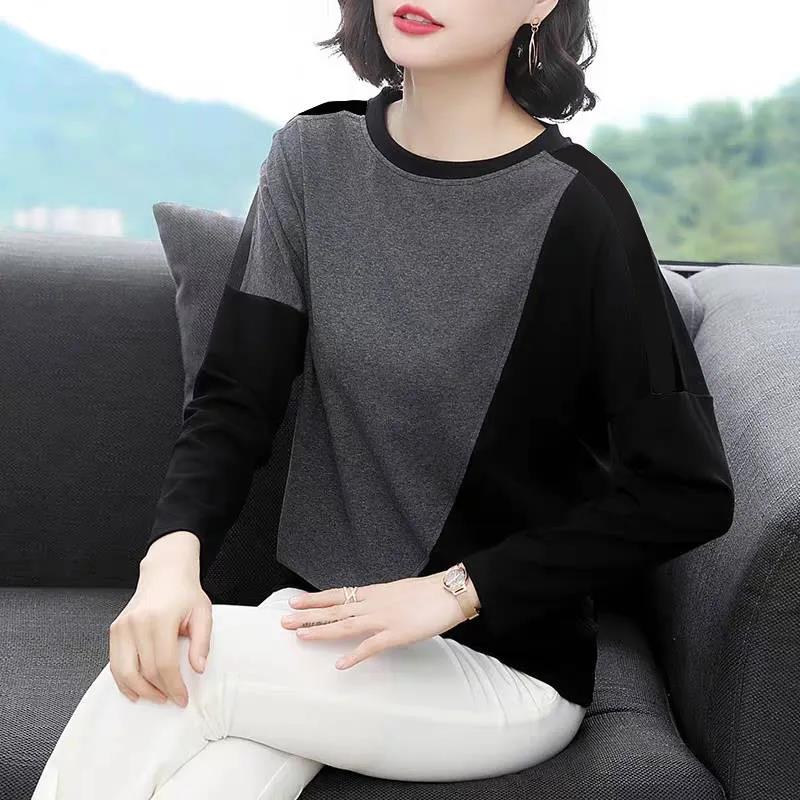 Women Stitching Color Shirt Summer Casual Pullover Long-sleeved T-shirt Boutique Bottoming Shirt