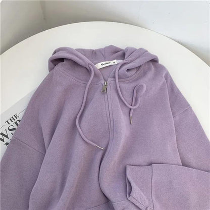 Women's Solid Color Hooded Jacket Lazy Style Zipper Cardigan Top Ladies Sportswear Coat Autumn Outwear Big Pocket Top