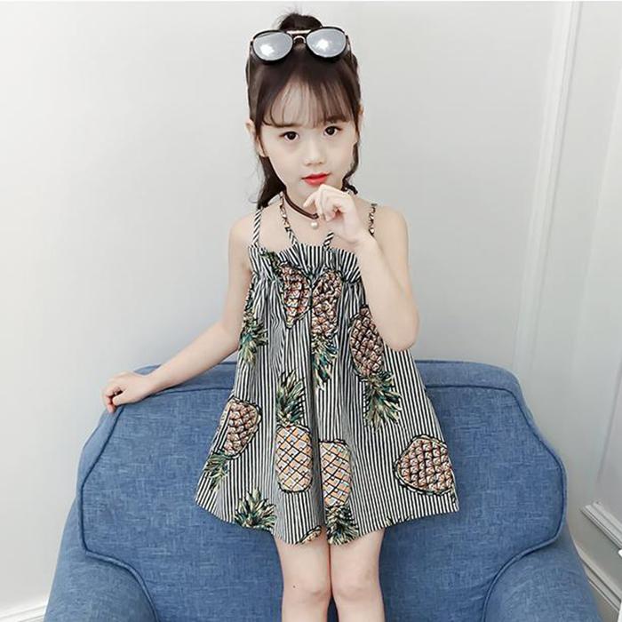 Children's Dress Girl's Suspender Dress Korean Version of Printed Fruit Striped Dress Backless Beach Princess Dress