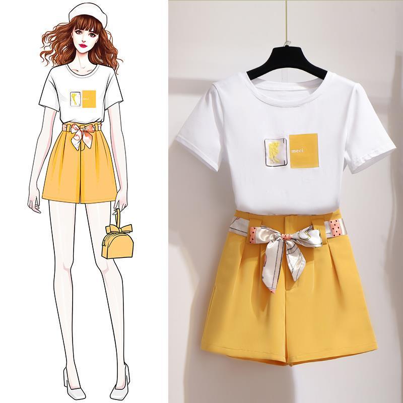 Pofulove Female Shorts Set Print Short Sleeve T-Shirt Wide Leg Shorts Two Piece Set Summer Outfits