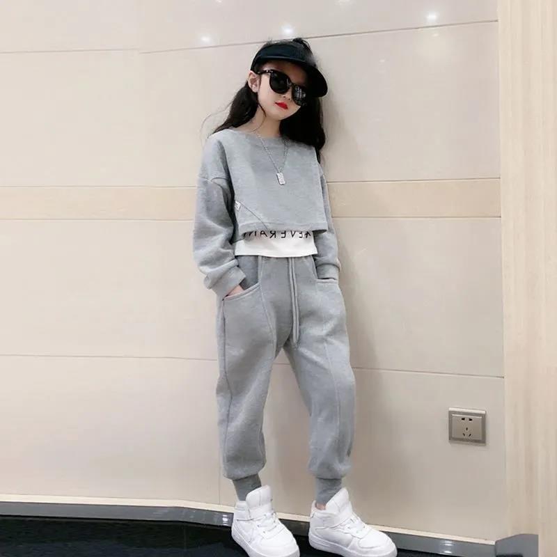 Girls' Spring and Autumn Suit Children's Leisure Suit Sports Sets Sweater Fake Two Pieces Solid Color Loose Two Pieces