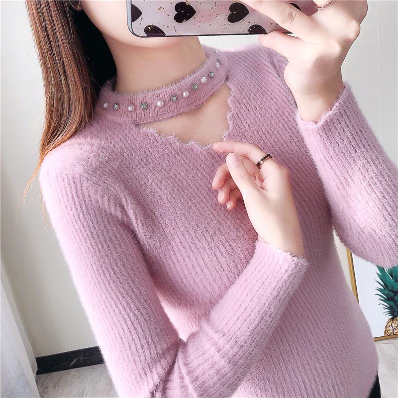 Autumn and Winter Mink Fleece Top Slim Long-sleeved Jacket Fashion V-neck Young Women's Sweater