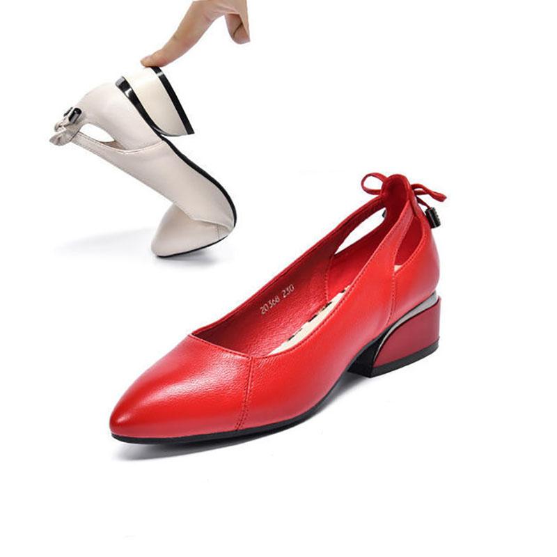 Soft Leather Shoes Women Spring Summer Work Low Heels Pointed Shoes Shallow Mouth Shoes Ladies Thick with Work Shoes