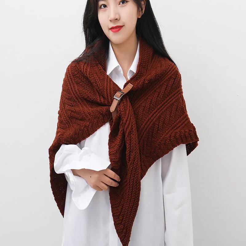 Women's Autumn Winter Knitted Leather Buckle Shawl Scarf Triangle Cloak Keep Warm All-match Solid Color Crochet Dual-use Shawl Scarf