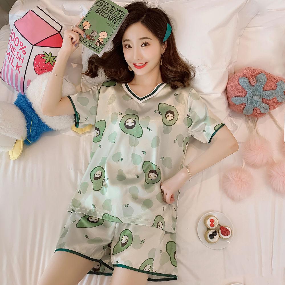 Silk pajamas summer two-piece set long-sleeved female sweet home clothes cute fruit pajamas female