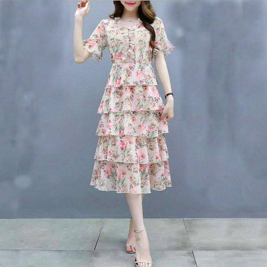 Pofulove Bohemian summer floral chiffon dress flared sleeves V-neck layered dress Ruffled dress