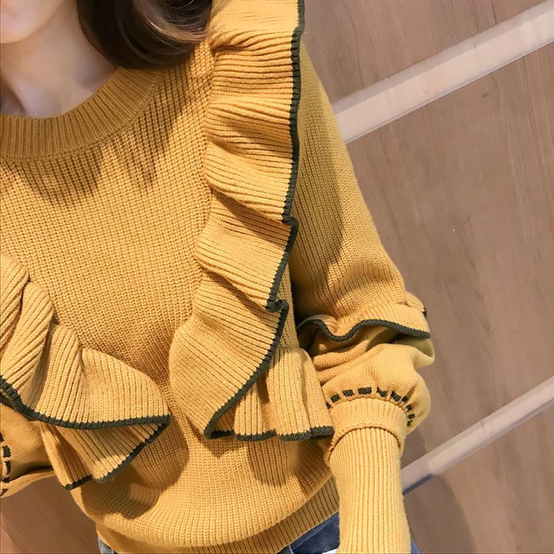 Autumn  Winter Sweater Women's Knit Sweater Round Neck Pullover Fashion Ruffled Wild Long-sleeved Bottoming Shirt