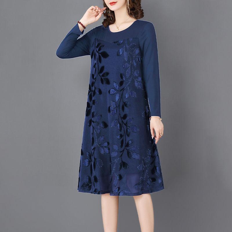 Women Solid Color Print Long Sleeve V-neck Dress Spring and Autumn Large Size Loose Knee-length Size L-XXXXXL